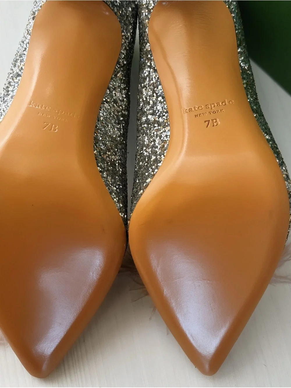kate spade glitter ballet flats with pink feather pom